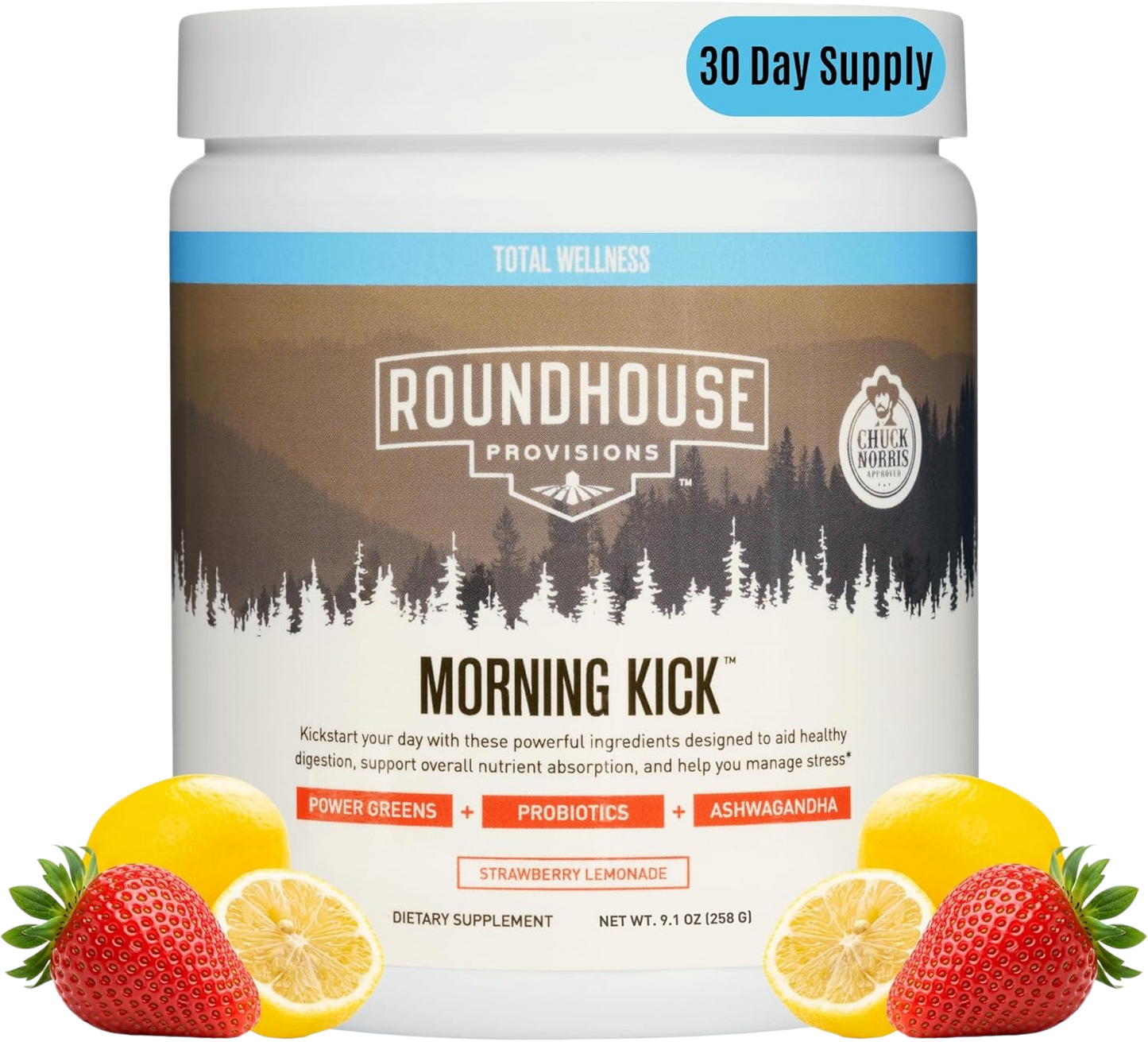 ROUNDHOUSE PROVISION Morning Kick, Zero Sugar Greens Superfood Powder Supplement with Ashwagandha, Collagen, Probiotics, Debloat Drink, 30 Servings (Strawberry Lemonade) by Chuck Norris
