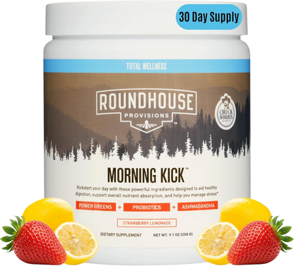 ROUNDHOUSE PROVISION Morning Kick, Zero Sugar Greens Superfood Powder Supplement with Ashwagandha, Collagen, Probiotics, Debloat Drink, 30 Servings (Strawberry Lemonade) by Chuck Norris