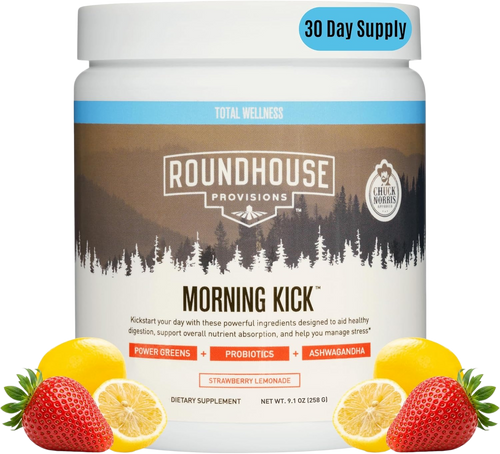 ROUNDHOUSE PROVISION Morning Kick, Zero Sugar Greens Superfood Powder Supplement with Ashwagandha, Collagen, Probiotics, Debloat Drink, 30 Servings (Strawberry Lemonade) by Chuck Norris
