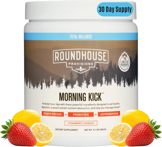 ROUNDHOUSE PROVISION Morning Kick, Zero Sugar Greens Superfood Powder Supplement with Ashwagandha, Collagen, Probiotics, Debloat Drink, 30 Servings (Strawberry Lemonade) by Chuck Norris