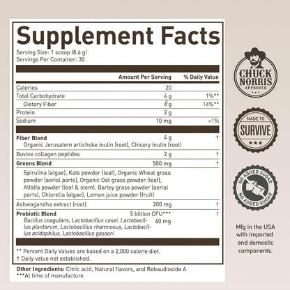 ROUNDHOUSE PROVISION Morning Kick, Zero Sugar Greens Superfood Powder Supplement with Ashwagandha, Collagen, Probiotics, Debloat Drink, 30 Servings (Strawberry Lemonade) by Chuck Norris